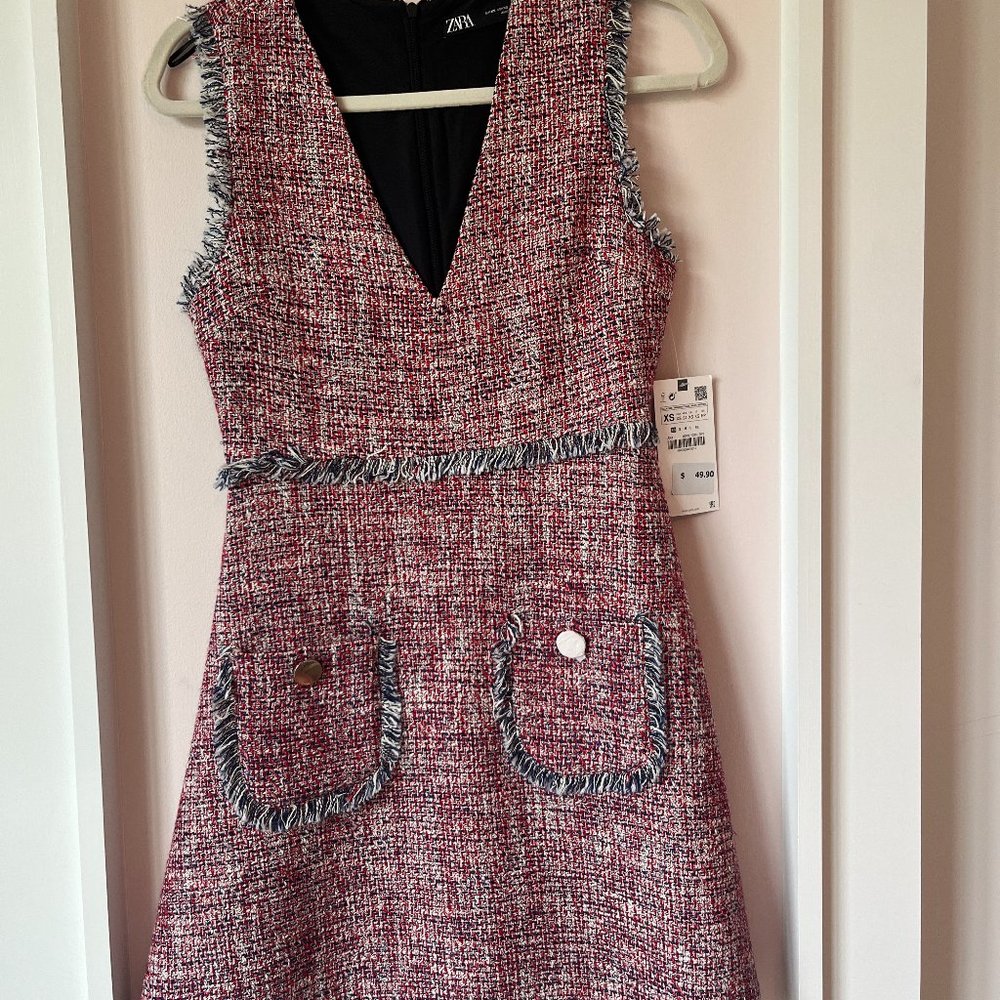 Zara Red, blue and white tweed dress
